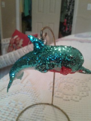 Blue Sparkly Dolphin Christmas Ornament