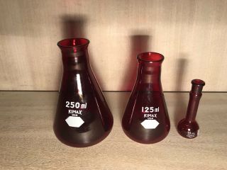 Kimax•kimble Usa•ruby Red Glass•volumetric Flask•10 Ml 28016•125 Ml•250 Ml