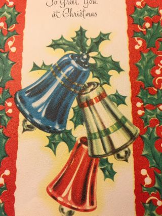 Vintage Christmas Card Bells Red Blue Art Deco Ornaments Silver Shiny Brite