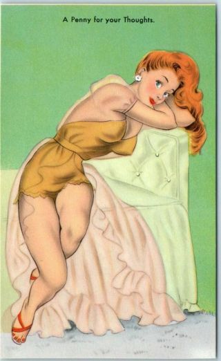 Pin - Up Girl Postcard Redhead Girl Lingerie " Penny For Your Thoughts " Eo1 Canada