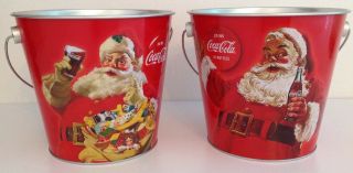 Set Of 2 Rare Collectible Coca - Cola Christmas Bucket W/ Santa & Wood Handel.