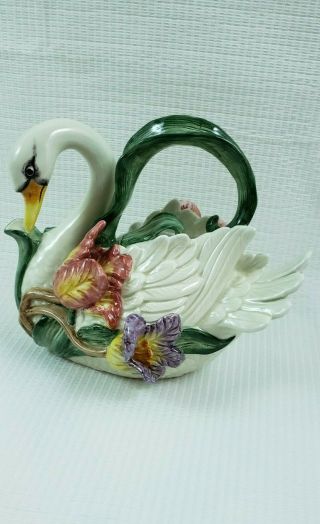 Fitz And Floyd Hand Painted Porcelain Swan Tulip Teapot Collectible