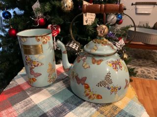 Mackenzie Childs Sky Blue Butterfly Guarden Tea Pot (3q) And Canister (l) Set