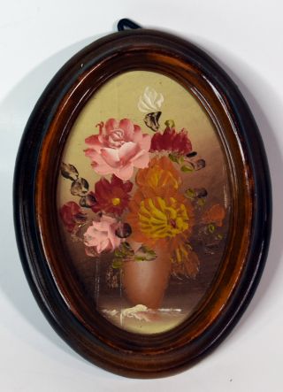 5 " Vintage Oval Oil Painting Still Life Red Pink Roses Flowers In Vase