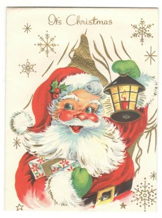 Vintage Christmas Greeting Card Santa Claus Holding Lantern 1950 