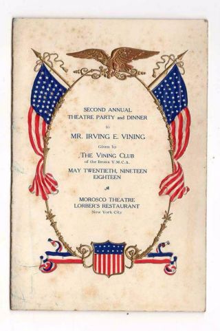 1918 Menu The Vining Club Bronx Y.  M.  C.  A.  Theatre Party & Dinner,  York