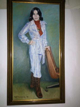 Vintage Mid Century Modern Painting Woman By Chair Maybe Of Cher? Artist Signed