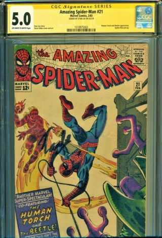 Spider - Man 21 Cgc 5.  0 Ss Signed By Stan Lee Human Torch & The Beetle