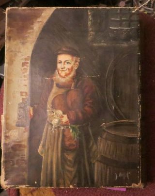 Antique 1800s Oil Painting On Canvas Signed J.  Wessel Monk Bar Keep 9 X 12