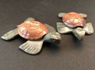 Unique Hand Carved Stone Sea Turtles Figurines Carving 3.  5” Long.  1970’s