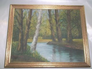 Antique Circa 1920 Forest Stream Landscape Oil On Board Painting