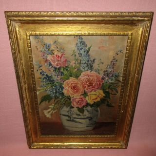Vintage Oil On Canvas Still Life Flowers Painting Edith C Miller Listed American