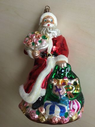 Christopher Radko Handblown Glass Santa Bag Of Toys & Roses Christmas Ornament