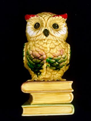 Vintage Yellow Ceramic Owl Perched On Books Figurine Made In Japan 7 "