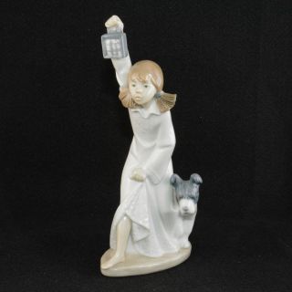 Lladro Nao " Who Is There " Girl With Lantern & Dog (8 1/2 " Tall)