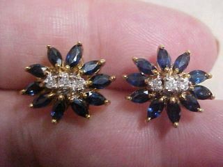 Vintage 2.  00ctw Natural Blue Sapphire & Diamond Earrings 14k Yellow Gold Gift