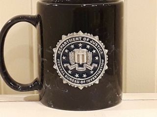 Fbi Department Of Justice Coffee Mug Cup Black Marble Swirl W/ Metal Medallion