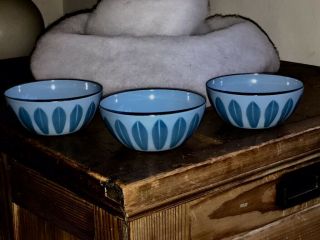 3 Mid Century Cathrineholm Enamel Blue Lotus Bowls Norway 4 Inches