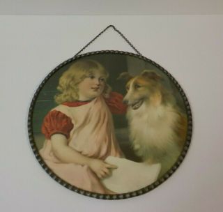 Victorian Period Lithograph 9.  5 " Hanging Flue Cover,  Girl & Collie Dog,  C.  1900