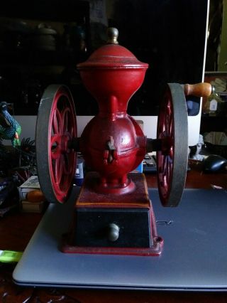 Vintage John Wright Cast Iron Coffee Mill Grinder Red,  Gold Wrightsville