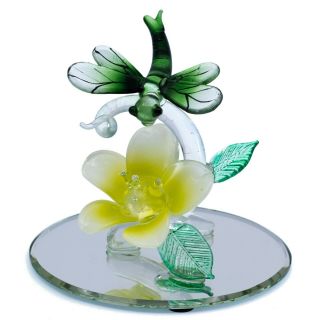 Hand Blown Glass Dragonfly Figurine On Beveled Glass Oval Base 4 " Long