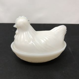 Small Vintage Milk Glass Hen Chicken Rooster On Nest Glass Covered Candy Dish