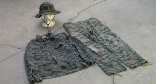 Vietnam War To 1980s Tiger Stripe Jungle Camouflage Fatigue Shirt & Pants & Hat