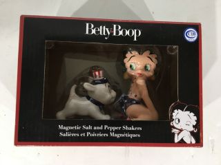Vintage Rare Betty Boop And Pudgy Usa Magnetic Salt And Pepper Shaker Set Iob