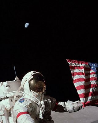 Apollo 17 Eugene Cernan W/ Us Flag & Earth 8x10 Silver Halide Photo Print