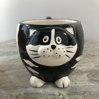 Pier 1 Imports Black And White Chubby Fat Cat Coffee Mug Hand Painted