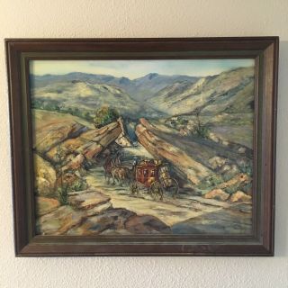 Vintage Western Oil Painting On Board Landscape W/ Cowboys Stagecoach - Signed