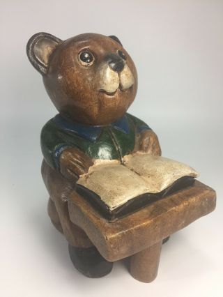 Vintage Hand Carved Painted Solid Wood Anthropomorphic Bear Student Figure