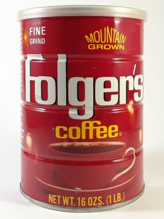 Vintage Folger ' s Coffee Can Tin 16 oz Fine Grind 1 LB Mountain Grown w/ Lid 3