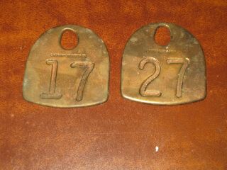 Two Vintage Brass O.  M.  Franklin Serum Co.  Cow Tags,  Old