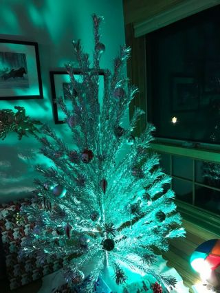 Vintage 1960 ' s Sparkler Pom Pom Aluminum 6 ft Christmas Tree and Color Wheel 2