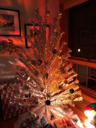 Vintage 1960 ' s Sparkler Pom Pom Aluminum 6 ft Christmas Tree and Color Wheel 3