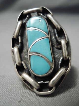 Vintage Huge Navajo Turquoise Inlay Sterling Silver Chain Ring Heavy