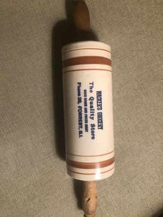 Hacker’s Grocery Forrest,  Ill Western Stoneware Advertising Rolling Pin