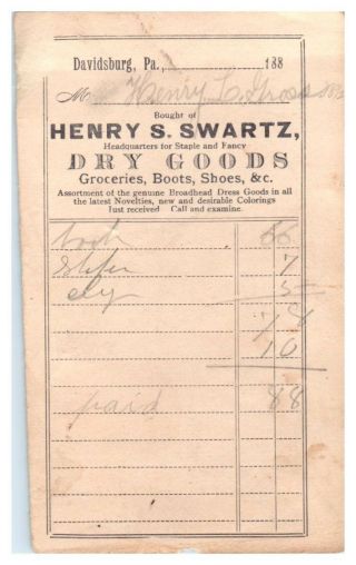 Broadhead Worsted Mills,  Henry S Swartz Dry Goods,  Victorian Trade Card 2