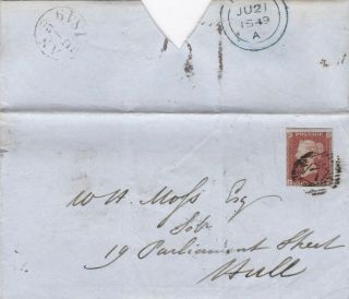 1849 Qv London =7= Numeral On Cover With A 1d Penny Red Stamp Sent To Hull