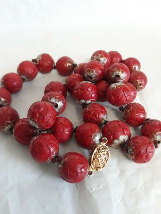 Vintage Chinese Cloisonne Enamel Carved Cinnabar Hand Knotted Bead Necklace
