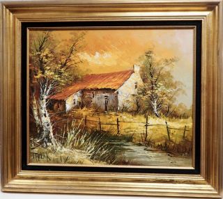 Signed Farm Landscape Painting Oil On Canvas Gilded Wood Frame 20 " X24 "