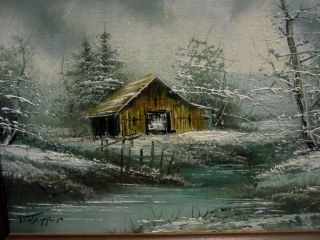 Vintage 1977 Von Tropper Framed Winter Farm Barn Landscape Oil Painting 18 