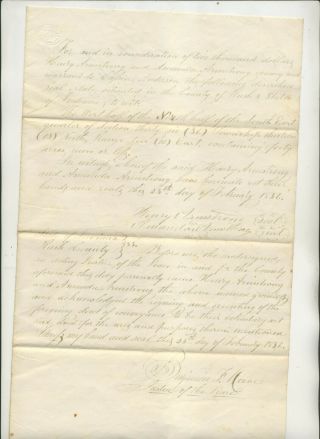 1856 Land/deed Document Henry Armstrong & Cassius Armstrong Rush County Indiana