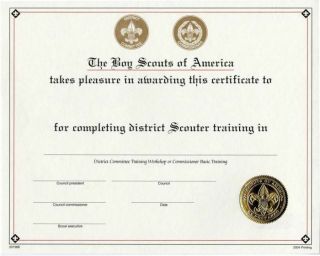 Boy Scout Official Bsa Adult Leader District Scouter Training Certificate 8.  5x10