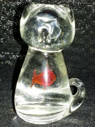 Art Glass Cat With Fish Figurine Sculpture Paperweight
