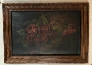 Late 19th C.  Oil Painting Of Still Life Flowers Roses In Basket Canvas On Board