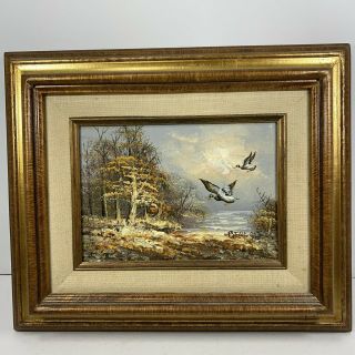 Vintage Signed Oil Painting On Wood Board Of Ducks In Flight