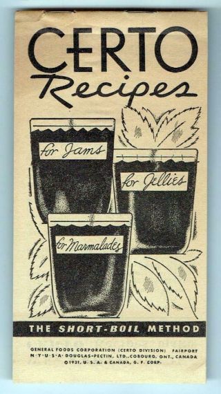 Certo Recipes 1931 Jam And Jellies Booklet