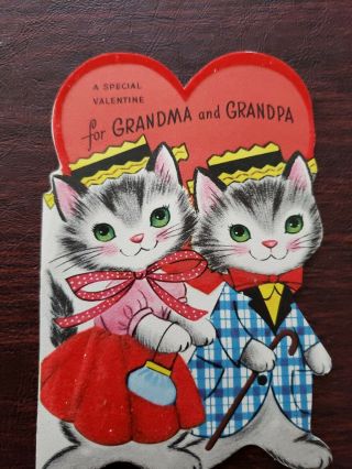 Vtg Rust Craft Valentine Greeting Card Diecut Cute Kitten Couple Flocked 50s